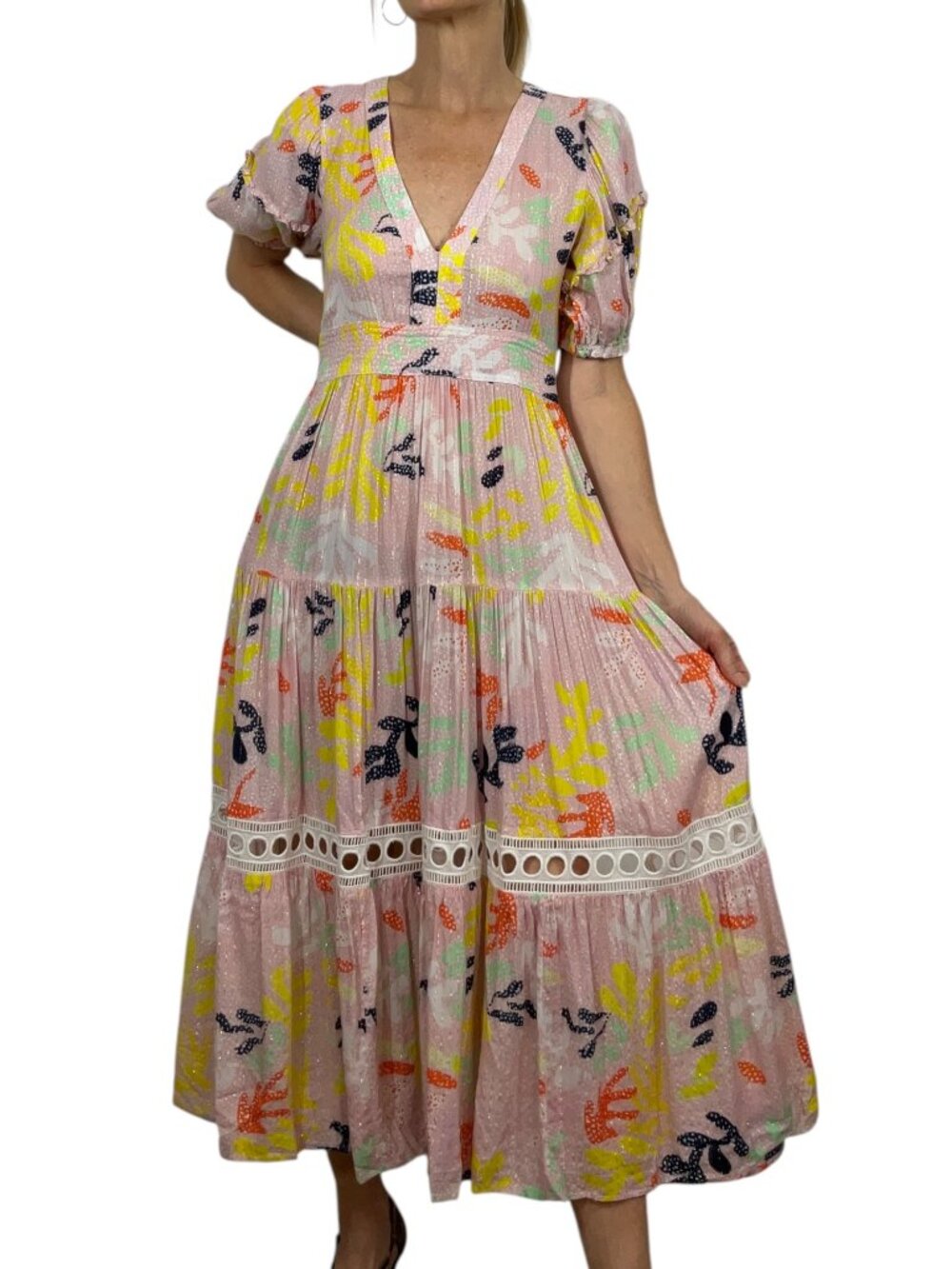 Lem Lem Reef Flutter Sleeve Maxi Dress M Pink Tiered Side Slits Summer - Picture 2 of 16